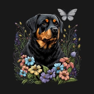 Rottweiler and Butterfly in the Spring Garden Floral Black T-Shirt