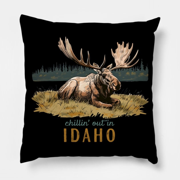 Chillin' Out In Idaho Moose Art Outdoor Souvenir Pillow by Pine Hill Goods