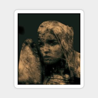 Beautiful girl, warrior with a shield, knight. Dark but beautiful. Yellow, sepia. Magnet