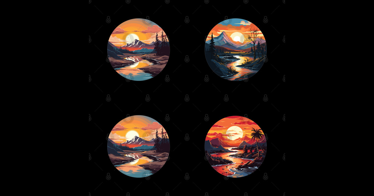 Sunset Sticker Pack - Cartoon Style, Mountain and River Landscape ...