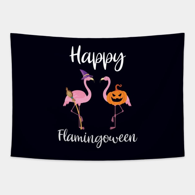 Happy Flamingoween Flamingo Witch And Pumpkin Halloween Bird Tapestry by FamiLane