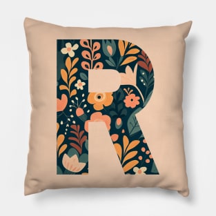 Whimsical Floral Letter R Pillow