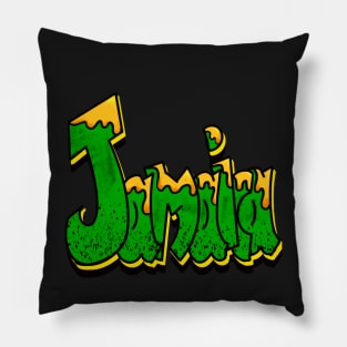 Jamaicans Graffiti drips typography Reggae Rasta Ska Rocksteady dub band Vintage Retro rustic with Jamaican flag colours colors Jamaica Pillow