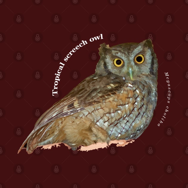 Tropical screech owl unde a roof pin white text by Ornamentum