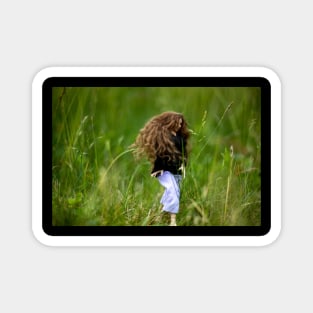 Dark haired girl walking in nature Magnet