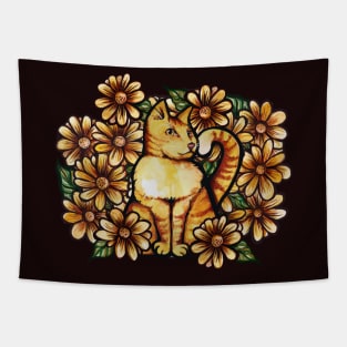 Summer Daisies Orange Cat Tapestry