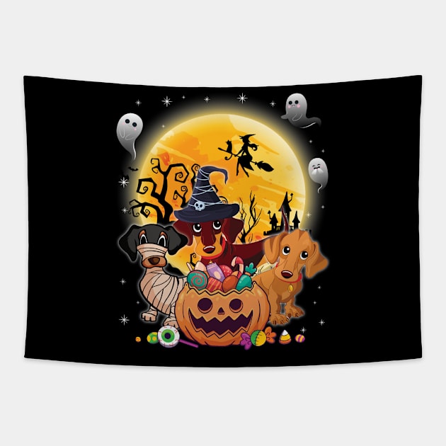 Dachshund Dog Mummy Witch Moon Ghosts Happy Halloween Thanksgiving Merry Christmas Day Tapestry by joandraelliot