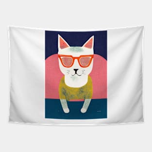 Hipster Kitten Glasses Retro Poster Vintage Art Hipster Wall Blue Pink Illustration Tapestry