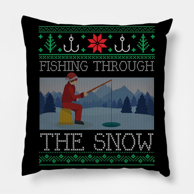 Christmas Ice Fishing Through Snow Fishing Ugly Christmas Sweater Pillow by mrsmitful01