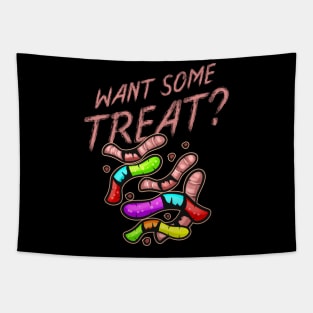 Want Some Treat Gummy Worms And Real Earthworms Halloween Tapestry