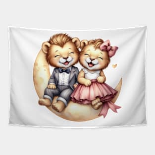 Valentine Happy Lion Couple On Moon Tapestry