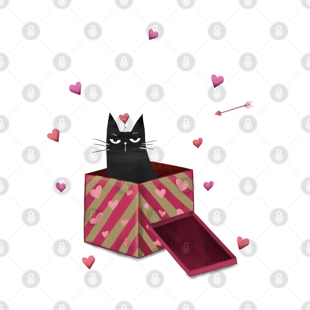 Happy valentines black cat. Cute cat and red hearts. by Olena Tyshchenko