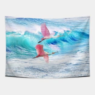 Roseate Spoonbills Flying at the Ocean Tapestry