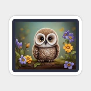 Adorable Baby Owl Among Pretty Flowers Magnet