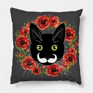 Mustache Cat with Flowers Pillow