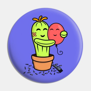 Cute Cactus shaved for a hug with a pink balloon Pin