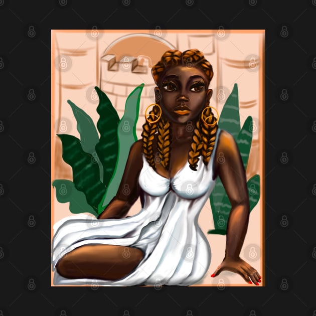 Cleopatra ii Queen Black is beautiful black woman art with crown, white dress and braids, brown eyes and dark brown skin ! by Artonmytee