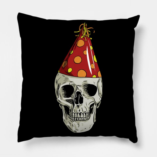 Skull Wearing Party Hat Pillow by Black Snow Comics