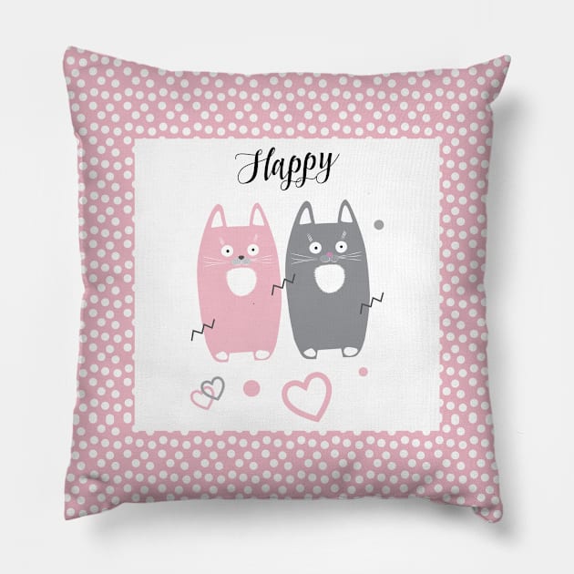 Happy Pink and Grey cats pattern. Funny Gifts & Clothing Collection with Cute black cats animals, Pink and Grey Lovely Little Kittens pattern Pillow by sofiartmedia