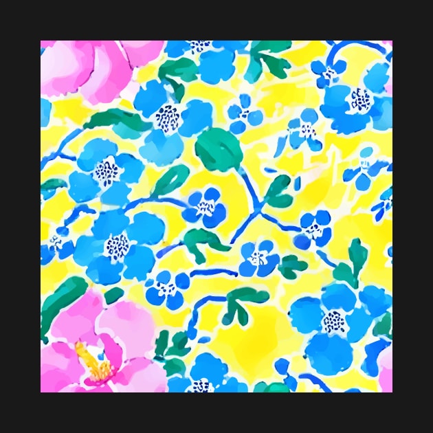 Pink and blue preppy flowers on yellow by SophieClimaArt