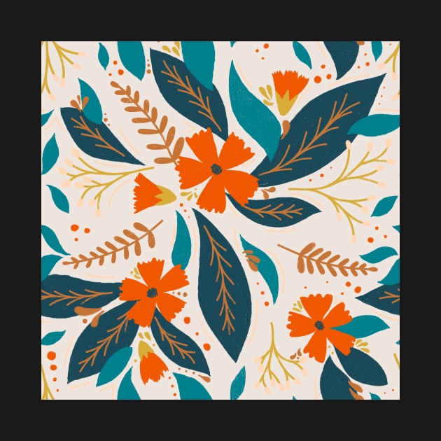 Red Flower Teal Leaf Pattern by ChloesNook