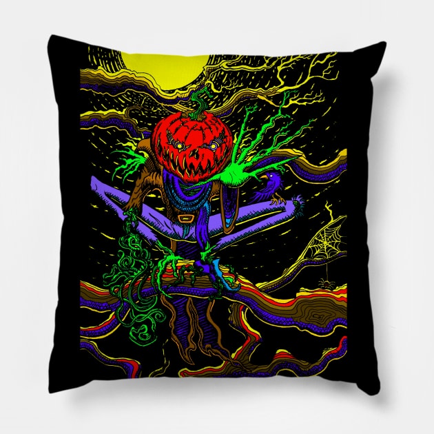 halloween pumpkin head scarecrow color Pillow by Moonjelly88