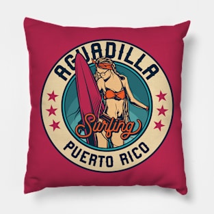 Vintage Surfing Badge for Aguadilla, Puerto Rico Pillow