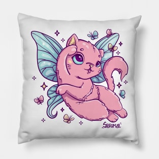 Cute flying kitten chasing colourful butterflies Pillow