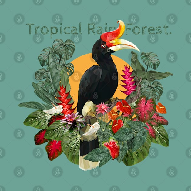 Tropical Rain forest and hornbill bird art. by Lewzy Design