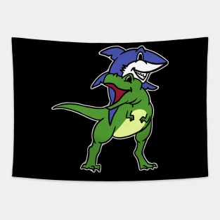 Funny Shark Riding T-Rex Dinosaur Graphic Novelty T-Shirt Tapestry