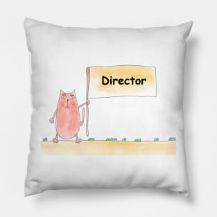 Director. Profession, work, job. Cat shows a banner with the inscription. Watercolor illustration. A gift for a professional. Pillow