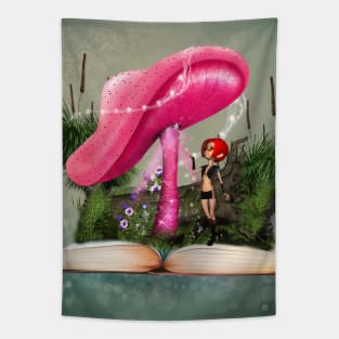 Little fairy on a book with mushroom Tapestry