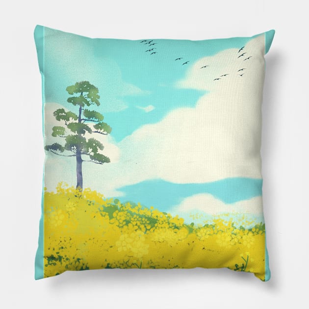 Lone tree on yellow flower field Pillow by SkyisBright