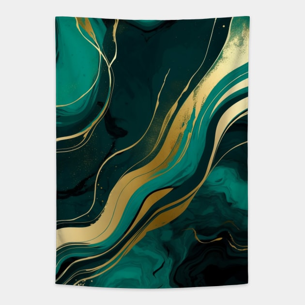 Emerald Green and Gold Abstract Swirl Tapestry by Trippycollage