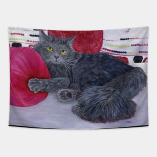 Russian Blue Cat on Rose Colored Pillows Tapestry