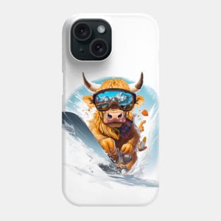 Winter sports, Highland Cow Snowboarding Phone Case