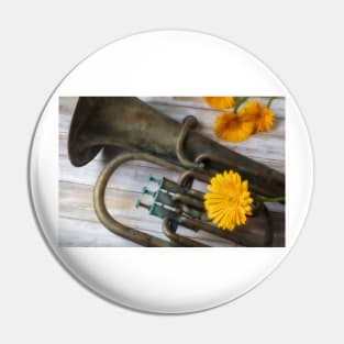 Old Weathered Tuba And Yellow Daisy Pin