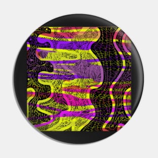 Jungle Fever. An abstract design with a tribal feel. Swirls, lines and patterns in hot pink, purple and yellow on a black background. Pin