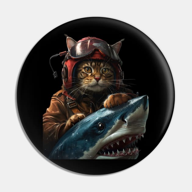 Cat Riding Shark Whiskered Safari Pin by BilodeauBlue