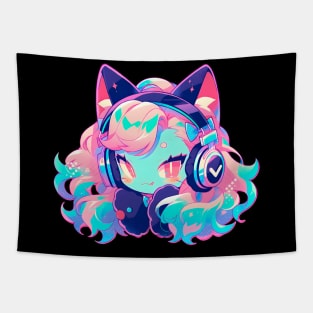 Cat Girl With Headphones Tapestry