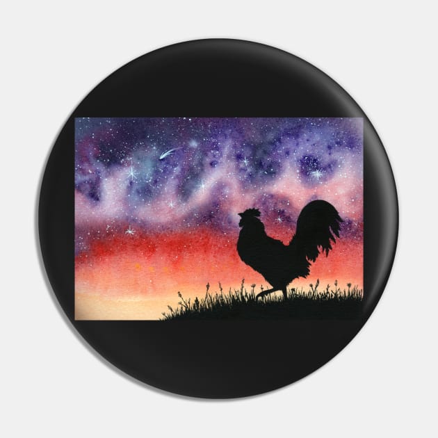 Sunset Rooster and Starry Sky Watercolor Pin by dragonstarart