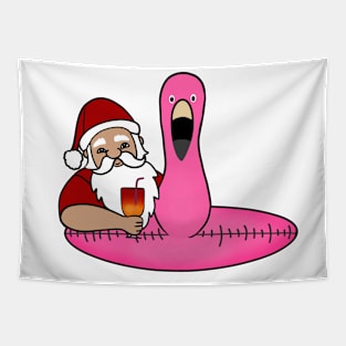 Funny Santa on Vacation, Xmas Flamingo Tropical Tapestry