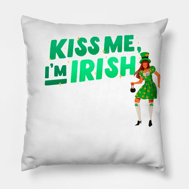 Kiss me I'm Irish Woman in Irish costume with Pot of Gold Pillow by Danderwen Press