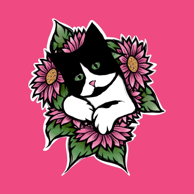 Tuxedo Cat Floral by bubbsnugg