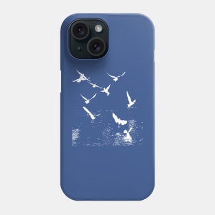 White Silhouette Of A Flock Of Seagulls Scavenging Phone Case