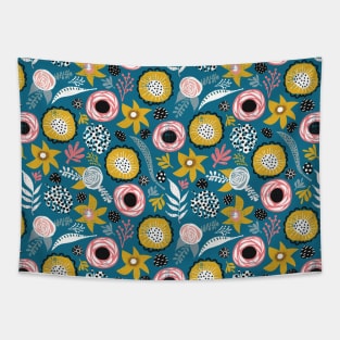 Scandinavian Florals And Leaves Teal and Mustard Yellow Tapestry