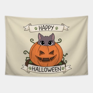 Cute Cat in Pumpkin - Halloween Tapestry