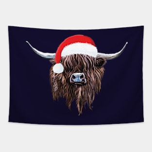 Scottish Highland Cow Christmas Santa Hat Tapestry