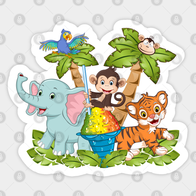 Jungle with Palm Tree, Elephant, Monkey, Parrot, Tiger and Ice Cream - Jungle With Palm Tree Elephant Monkey P - Sticker | TeePublic Jungle with Palm Tree, Elephant, Monkey, Parrot, Tiger and Ice Cream - Jungle With Palm Tree Elephant Monkey P - Sticker | TeePublic