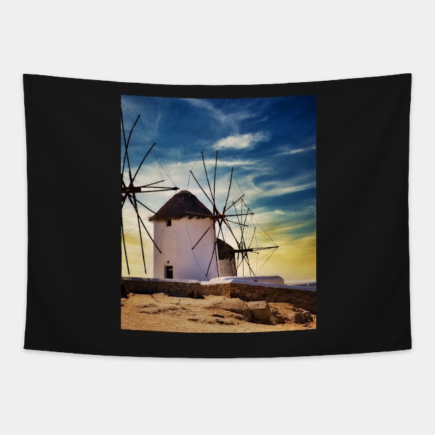 Greek windmill sunset Tapestry by IOANNISSKEVAS